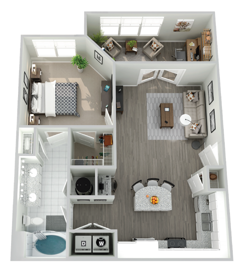 Floor plan for 1 bed, 1 bath, 875 sqft